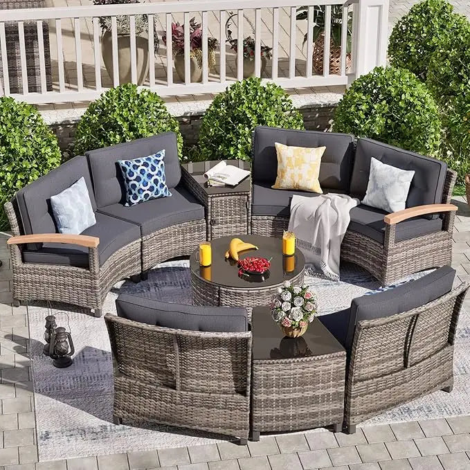 MOORA 9 Piece Half-Moon Curved Sectional Sofa Conversation Set with Wood Armrests, Coffee Table
