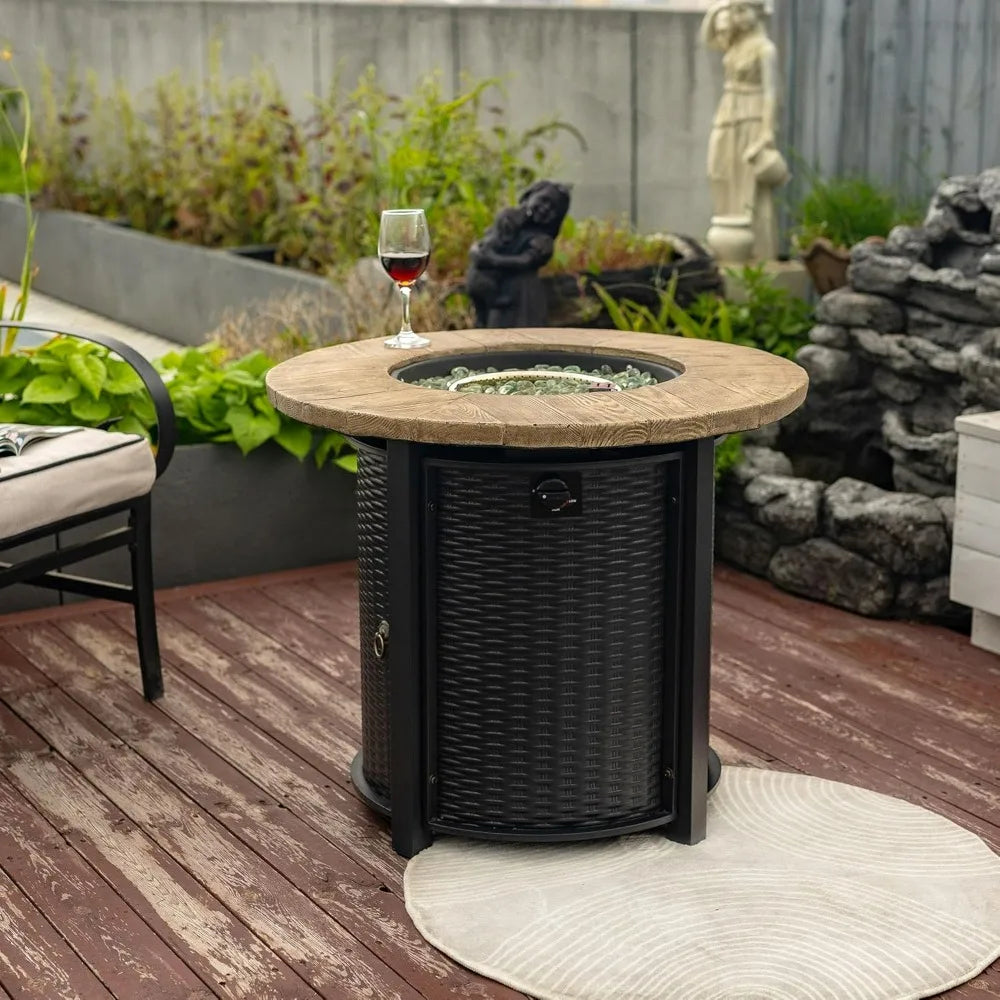 30'' Concrete Round Gas Fire Pit, 50,000 BTU Steel Outdoor Fire Tables, Fire Table with Lid, Add Warmth & Ambience to Gatherings