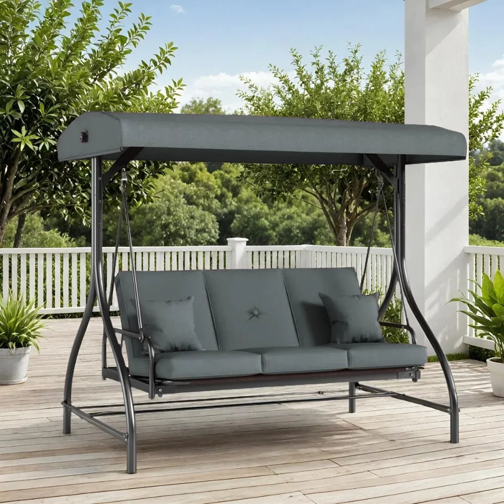 3-Seat Outdoor Convertible  Swing with Adjustable Canopy & Backrest,
