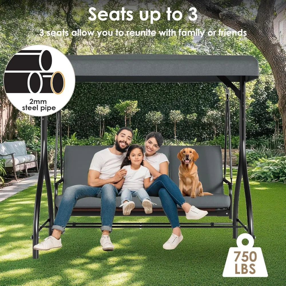 3-Seat Outdoor Convertible  Swing with Adjustable Canopy & Backrest,