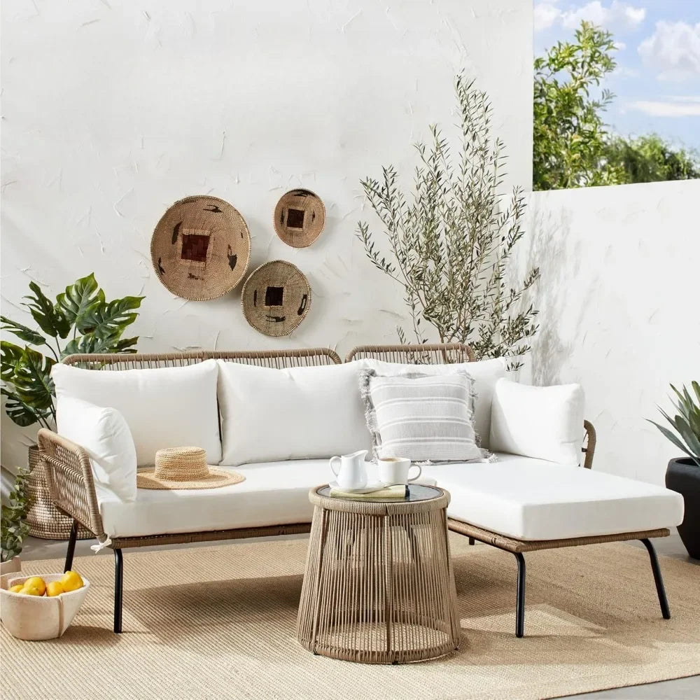 Outdoor Rope Woven Sectional Patio Furniture L-Shaped Conversation Sofa Set for Backyard, Porch w/Thick Cushions,Outdoor Sofa