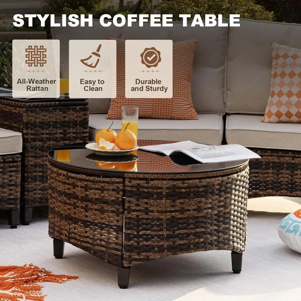 MOORA 9 Piece Half-Moon Curved Sectional Sofa Conversation Set with Wood Armrests, Coffee Table