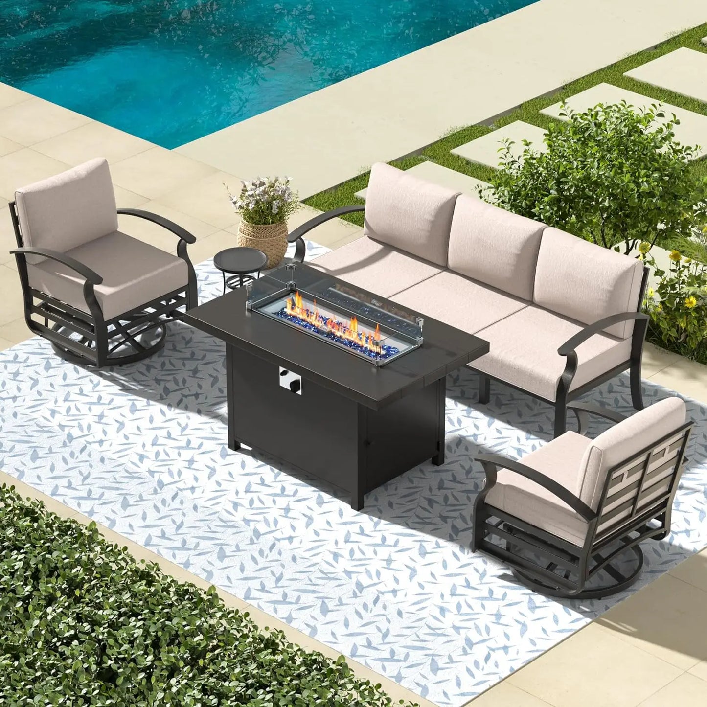 RAGA Swivel Aluminum Patio Furniture Set with Fire Pit Table