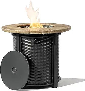 30'' Concrete Round Gas Fire Pit, 50,000 BTU Steel Outdoor Fire Tables, Fire Table with Lid, Add Warmth & Ambience to Gatherings