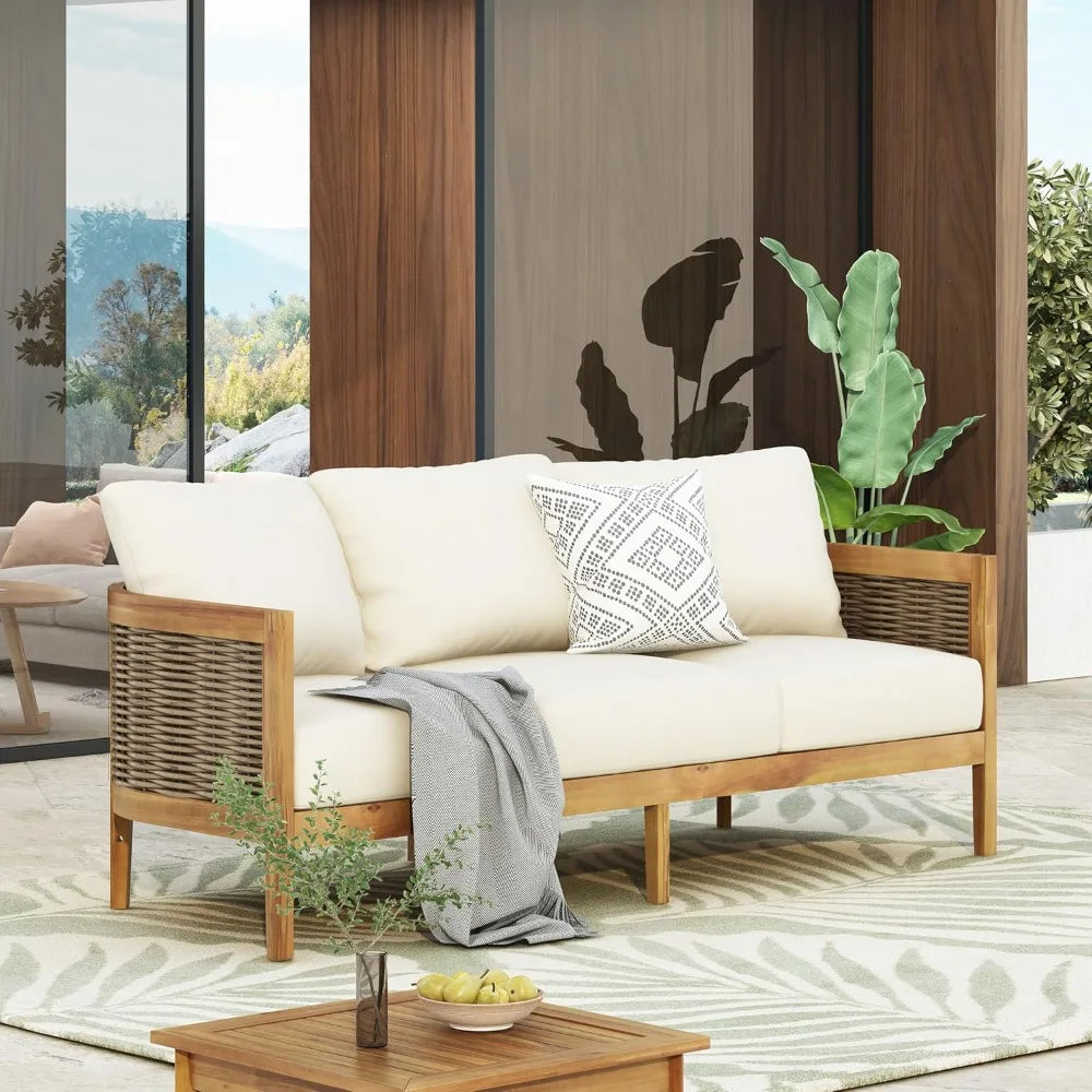 Acacia Wood Wicker 3 Seater Sofa