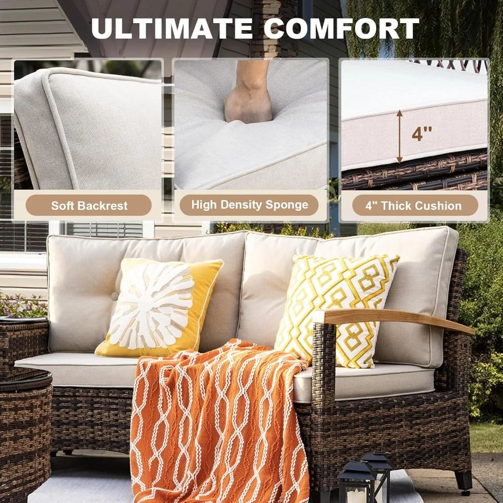 MOORA 9 Piece Half-Moon Curved Sectional Sofa Conversation Set with Wood Armrests, Coffee Table