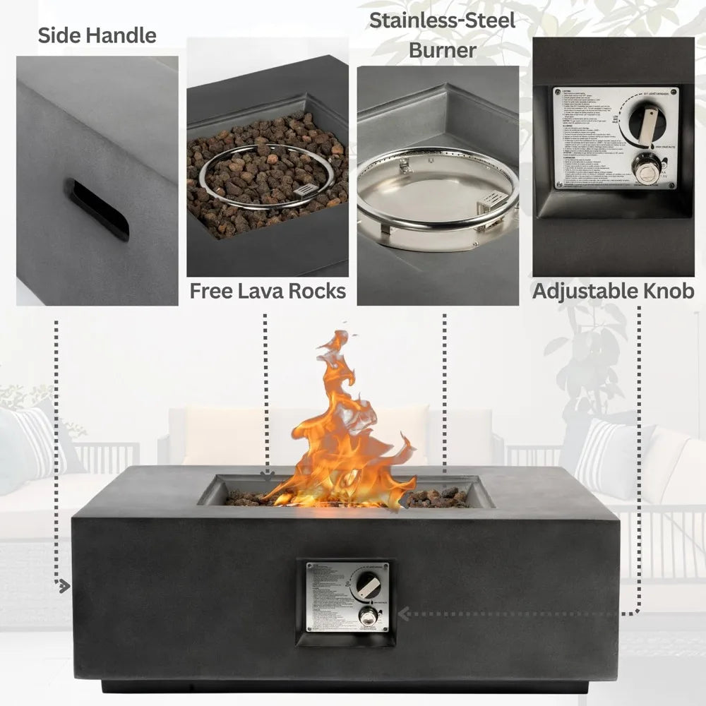 JUNE 35-Inch Outdoor Propane Fire Pit Table, Square Dark Grey Fire Table with 50,000 BTU Heat Output, Smokeless Design, Free Lava Roc