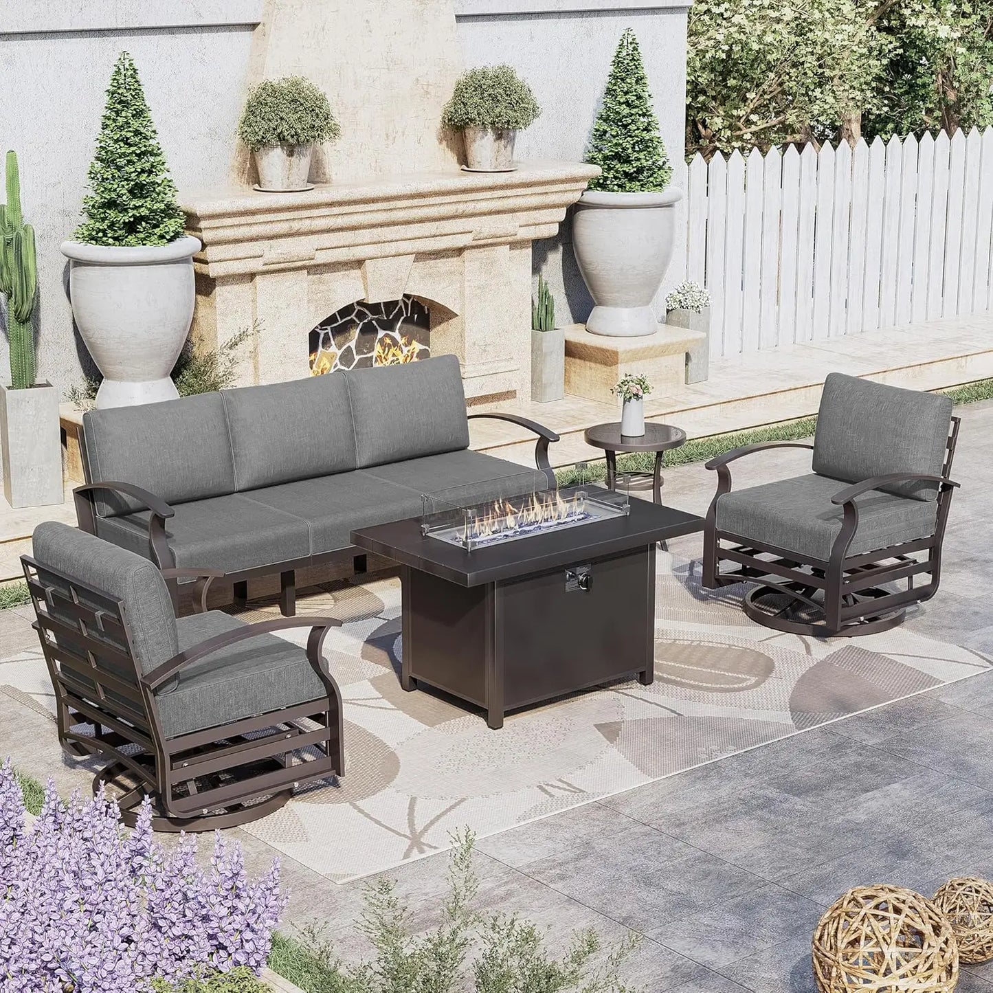 RAGA Swivel Aluminum Patio Furniture Set with Fire Pit Table