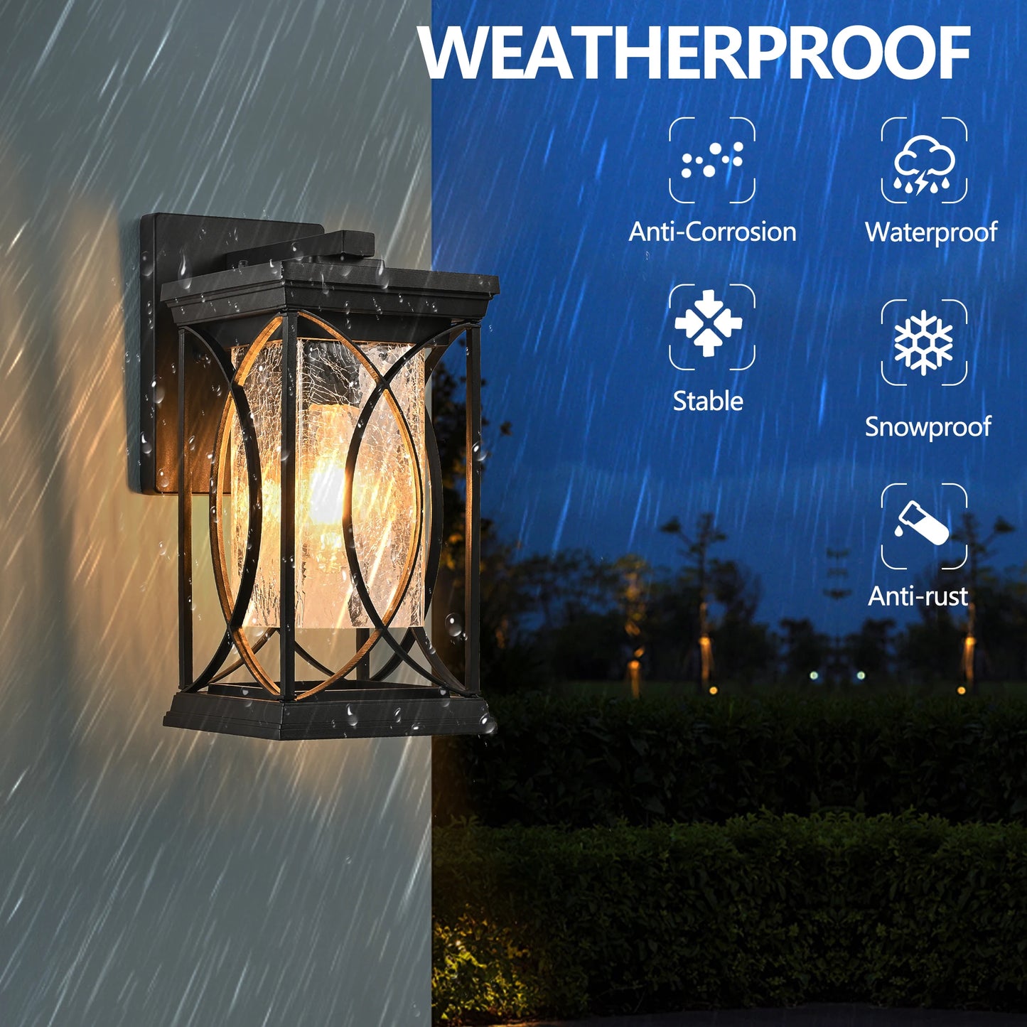 Black Outdoor Wall Lantern with Crackled Glass, Weather-Resistant Exterior Light Fixture for Porch, Patio, and Entryway