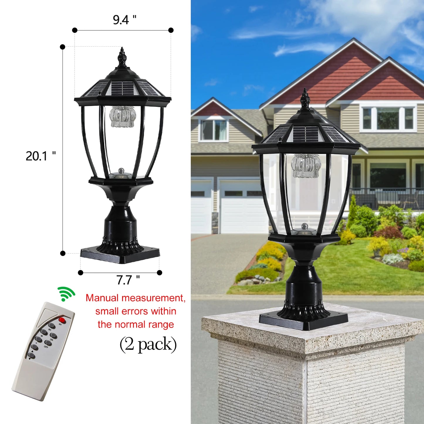 Solar Powered Outdoor Post Light, Waterproof LED Pillar Lamp for Garden, Yard, and Patio -  Auto On/Off(2-pack)