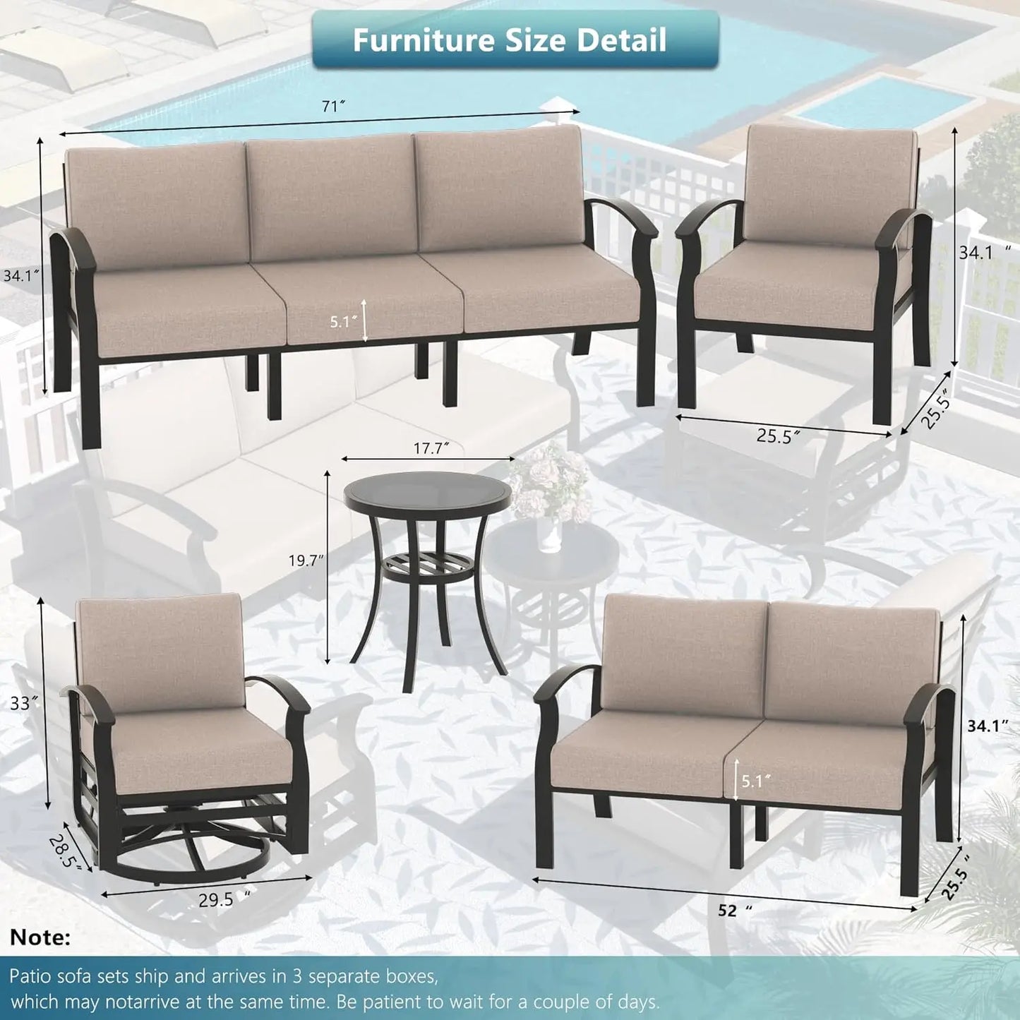 RAGA Swivel Aluminum Patio Furniture Set with Fire Pit Table