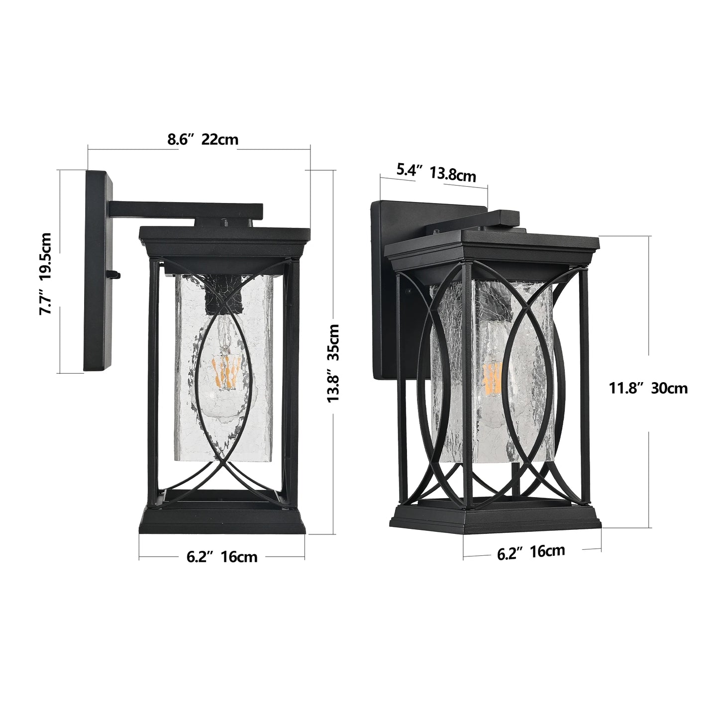 Black Outdoor Wall Lantern with Crackled Glass, Weather-Resistant Exterior Light Fixture for Porch, Patio, and Entryway