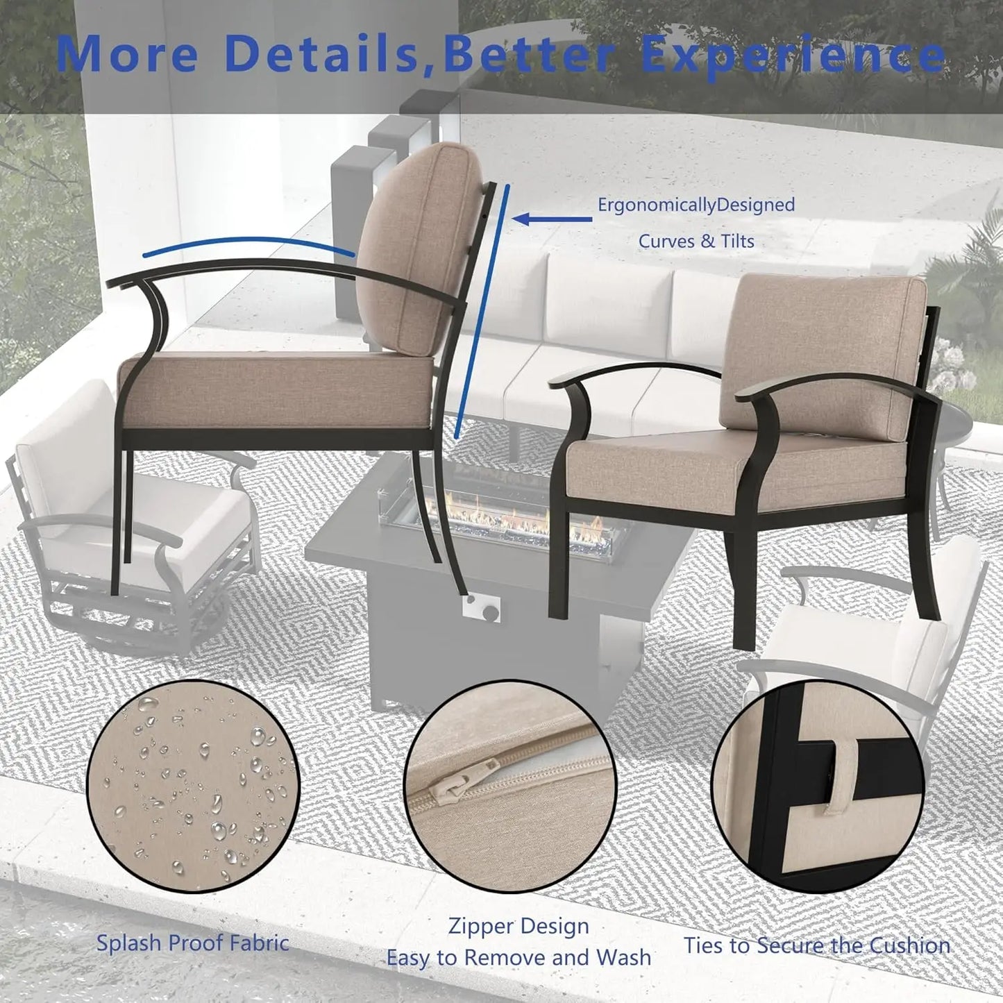RAGA Swivel Aluminum Patio Furniture Set with Fire Pit Table