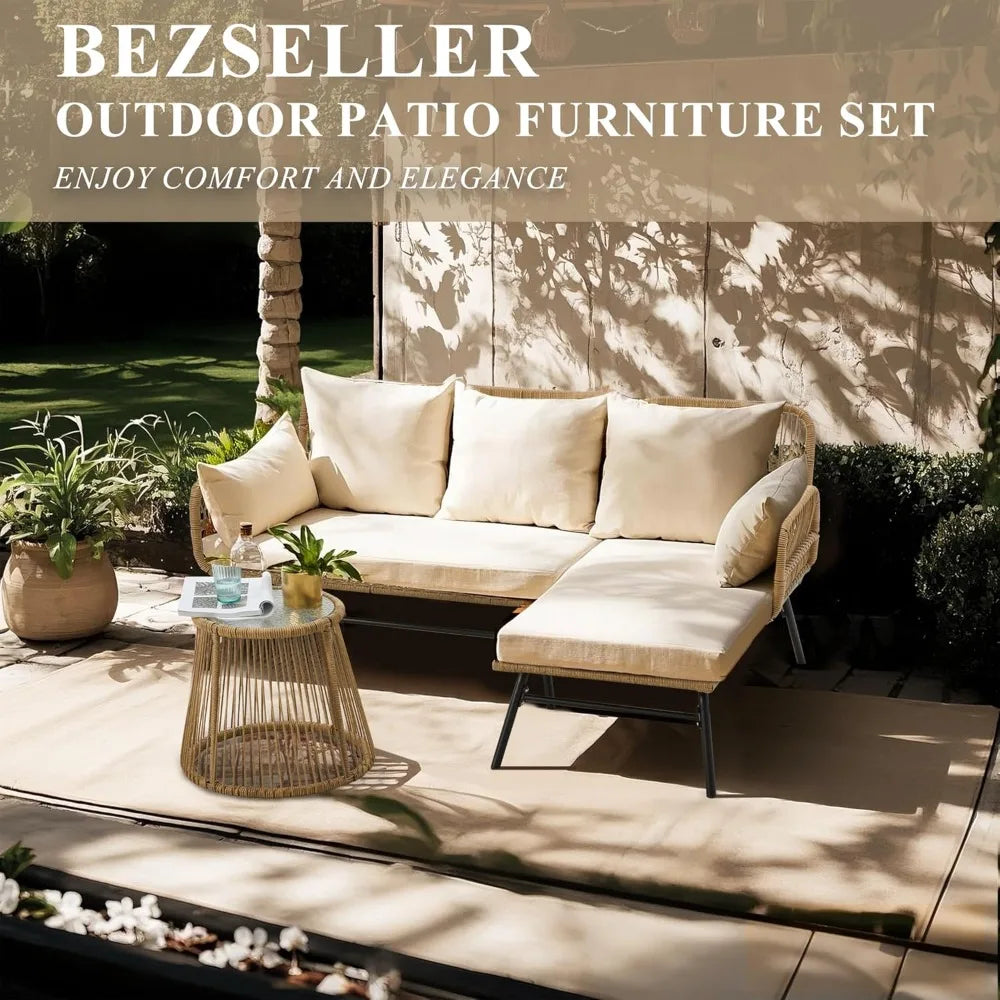 BRAGA L-Shaped Patio Rattan Sofa Sectional with Glass Top Coffee Table