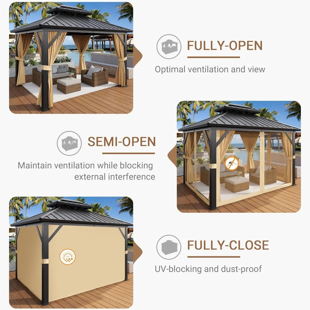 KAY 10 x12ft Hardtop Gazebo with Nettings & Curtains