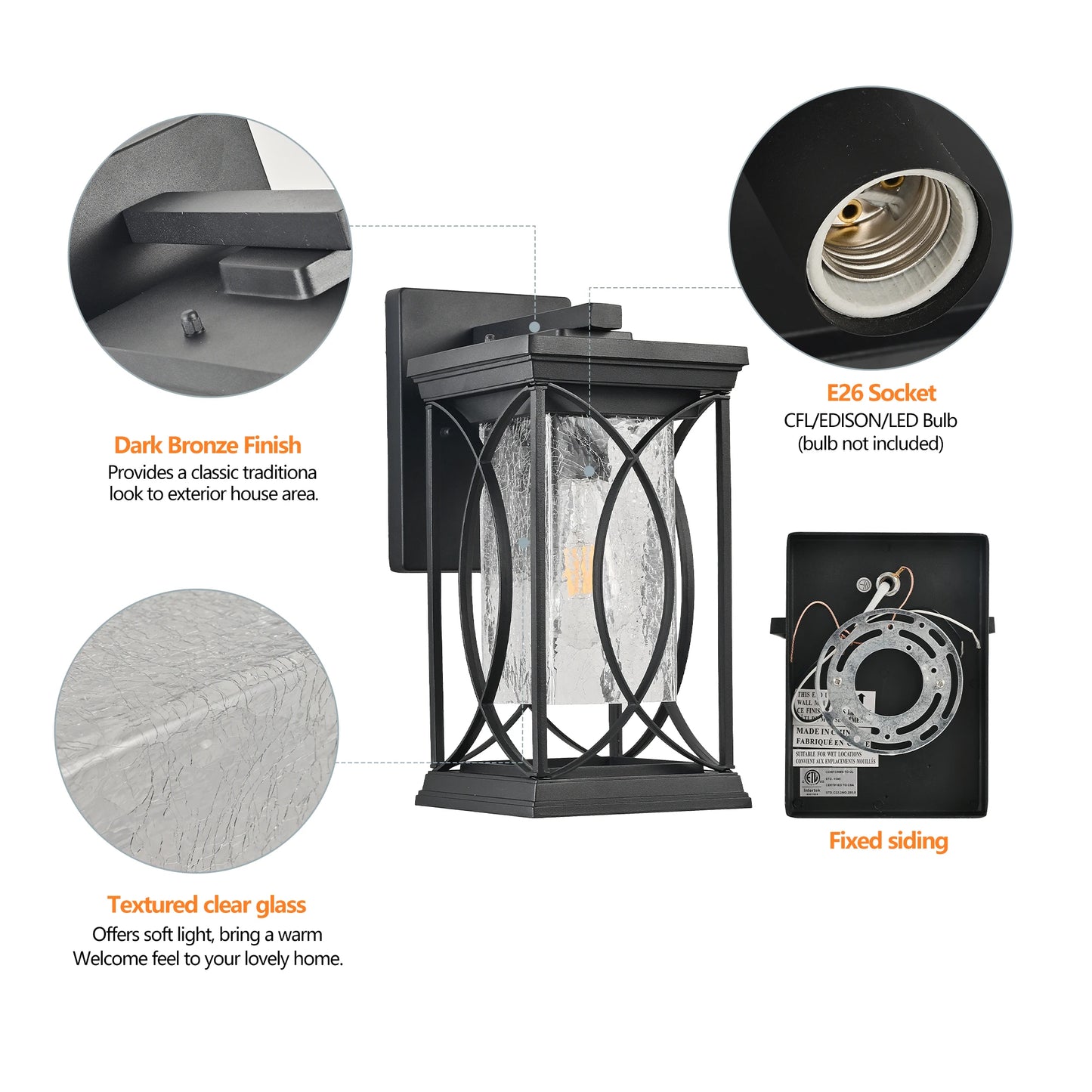 Black Outdoor Wall Lantern with Crackled Glass, Weather-Resistant Exterior Light Fixture for Porch, Patio, and Entryway