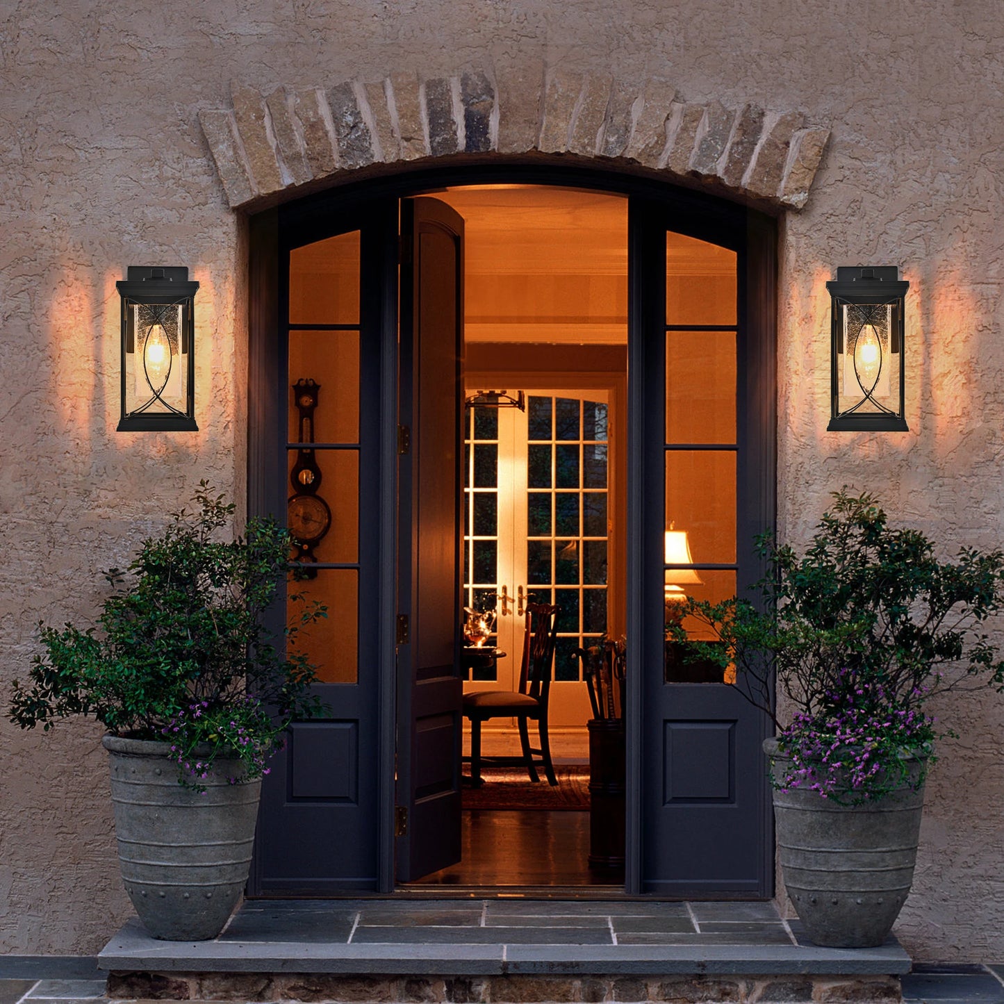 Black Outdoor Wall Lantern with Crackled Glass, Weather-Resistant Exterior Light Fixture for Porch, Patio, and Entryway