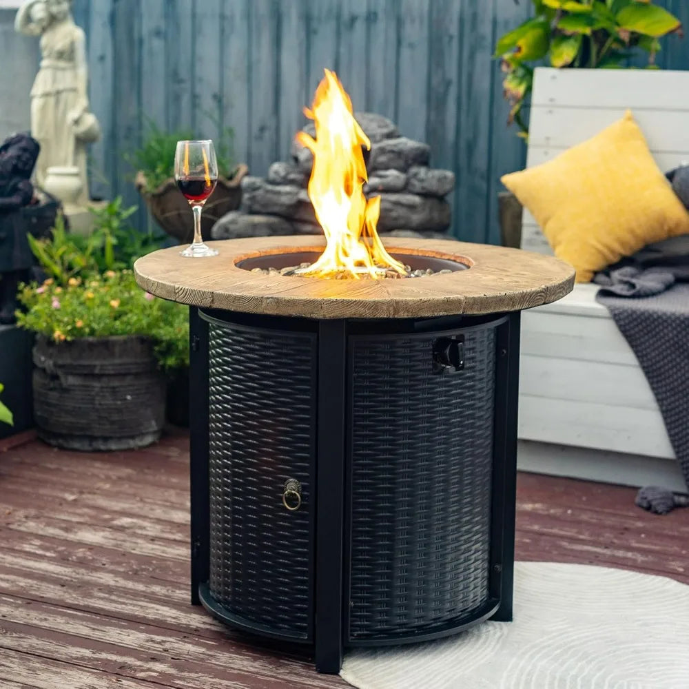 30'' Concrete Round Gas Fire Pit, 50,000 BTU Steel Outdoor Fire Tables, Fire Table with Lid, Add Warmth & Ambience to Gatherings