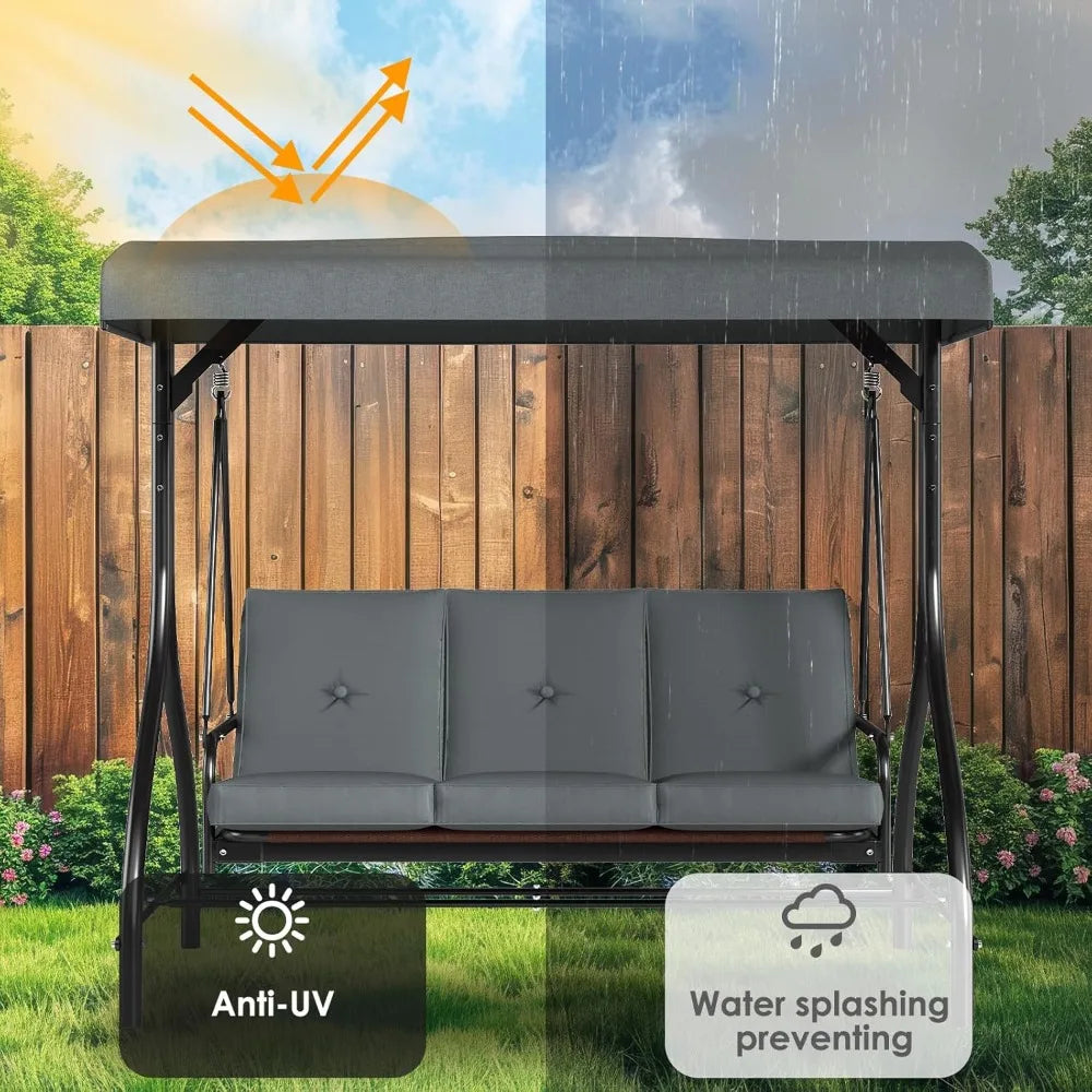 3-Seat Outdoor Convertible  Swing with Adjustable Canopy & Backrest,