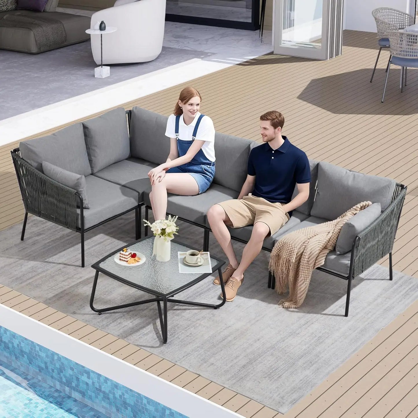 6-Piece Outdoor Patio Furniture Set With Glass Coffee Table