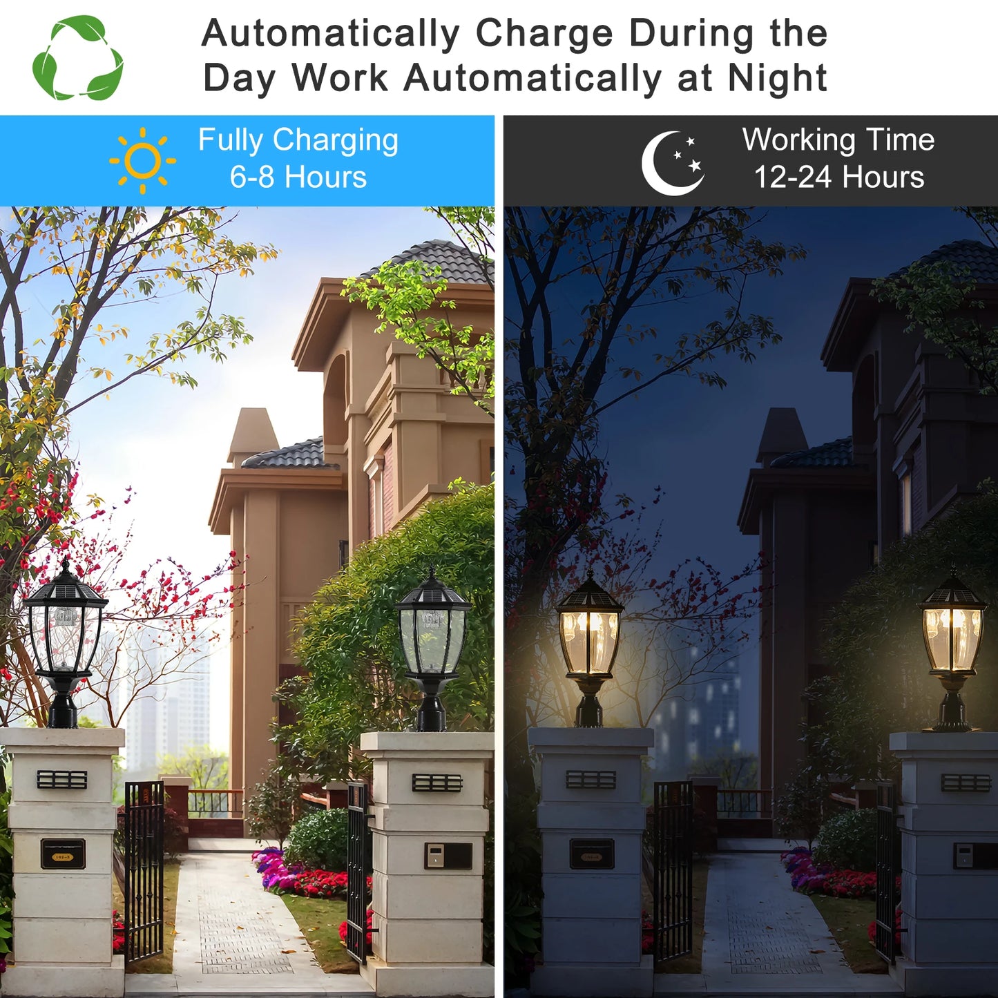 Solar Powered Outdoor Post Light, Waterproof LED Pillar Lamp for Garden, Yard, and Patio -  Auto On/Off(2-pack)