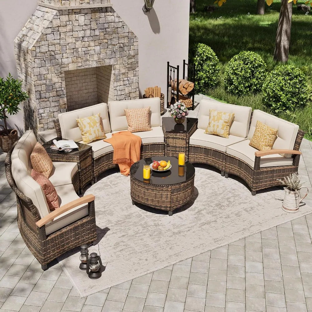 MOORA 9 Piece Half-Moon Curved Sectional Sofa Conversation Set with Wood Armrests, Coffee Table