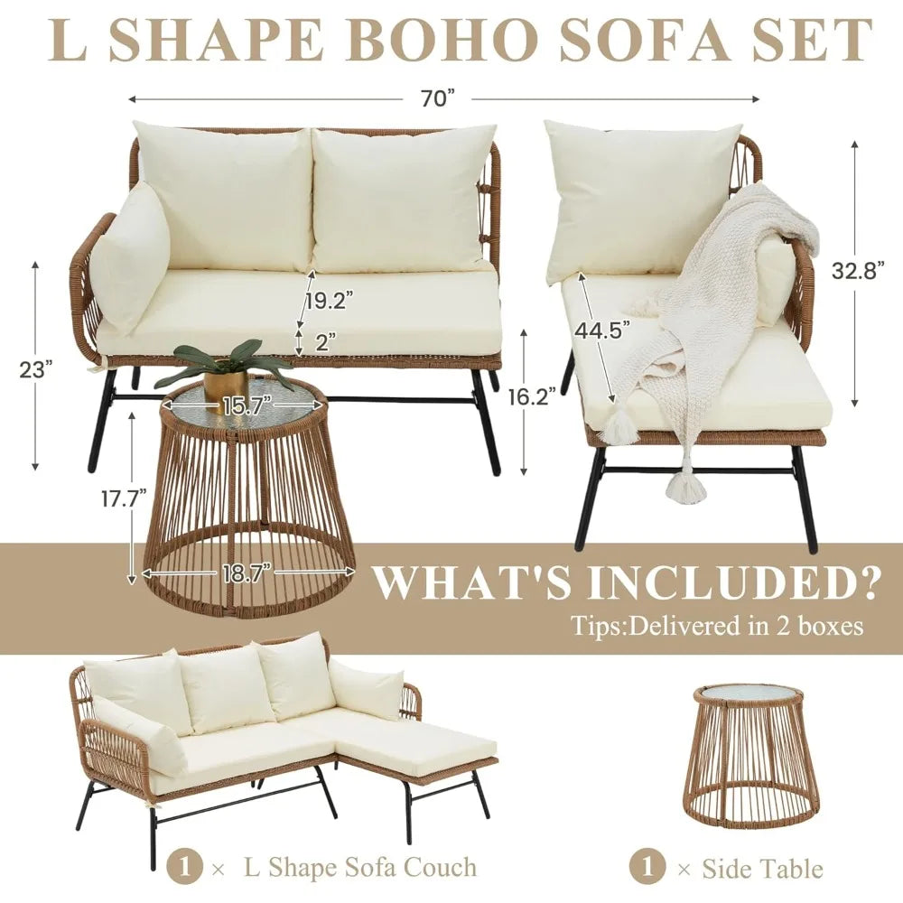 BRAGA L-Shaped Patio Rattan Sofa Sectional with Glass Top Coffee Table