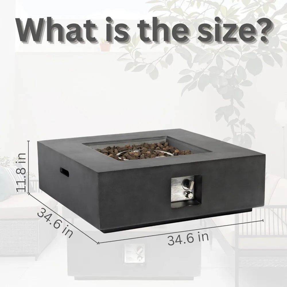 JUNE 35-Inch Outdoor Propane Fire Pit Table, Square Dark Grey Fire Table with 50,000 BTU Heat Output, Smokeless Design, Free Lava Roc