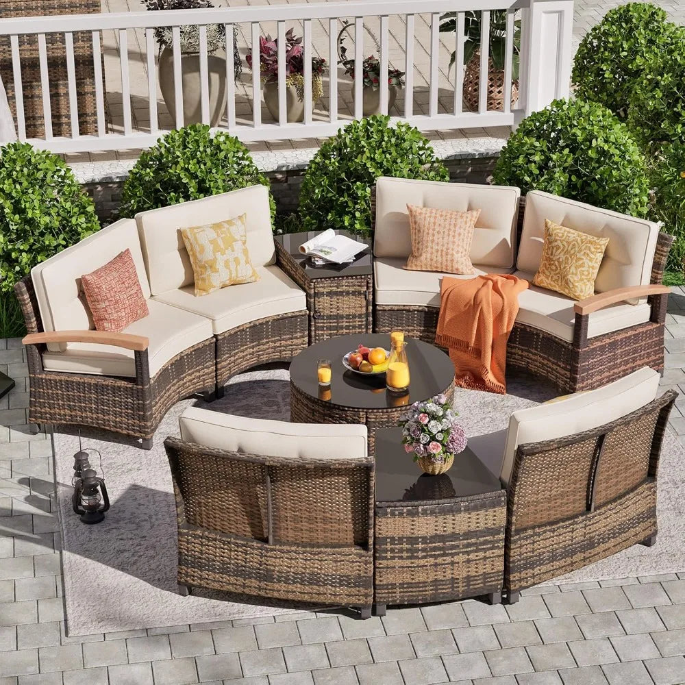 MOORA 9 Piece Half-Moon Curved Sectional Sofa Conversation Set with Wood Armrests, Coffee Table
