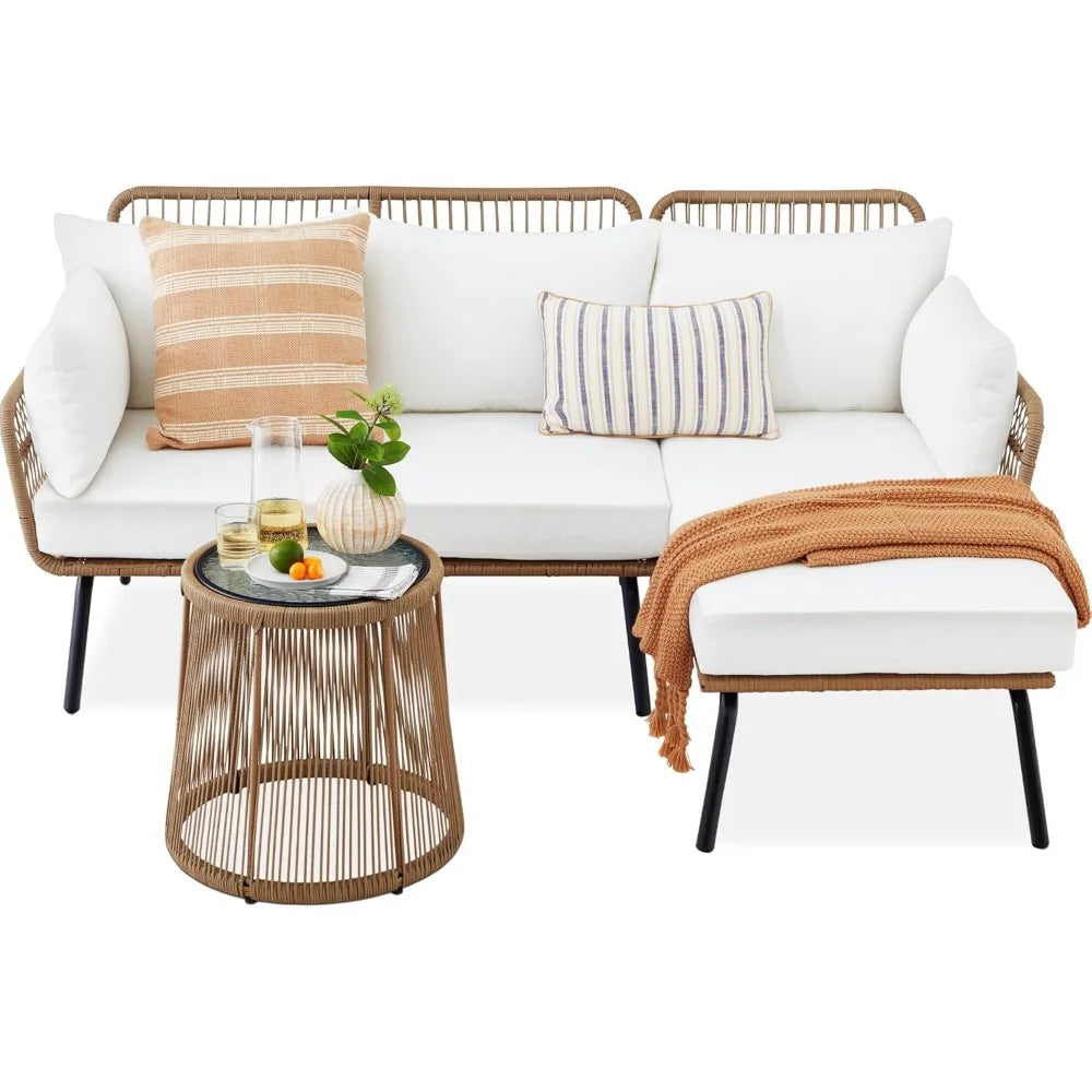 Outdoor Rope Woven Sectional Patio Furniture L-Shaped Conversation Sofa Set for Backyard, Porch w/Thick Cushions,Outdoor Sofa