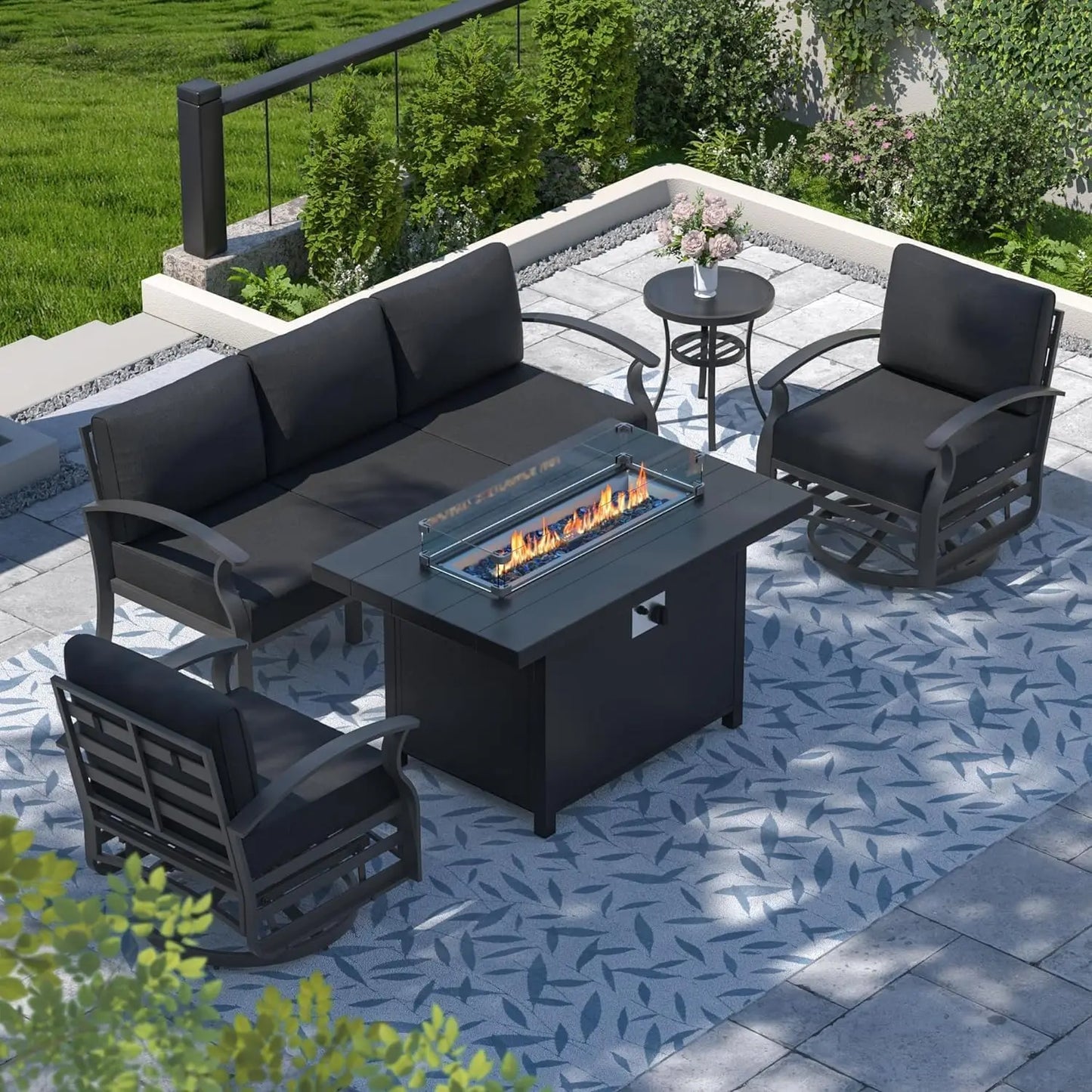 RAGA Swivel Aluminum Patio Furniture Set with Fire Pit Table