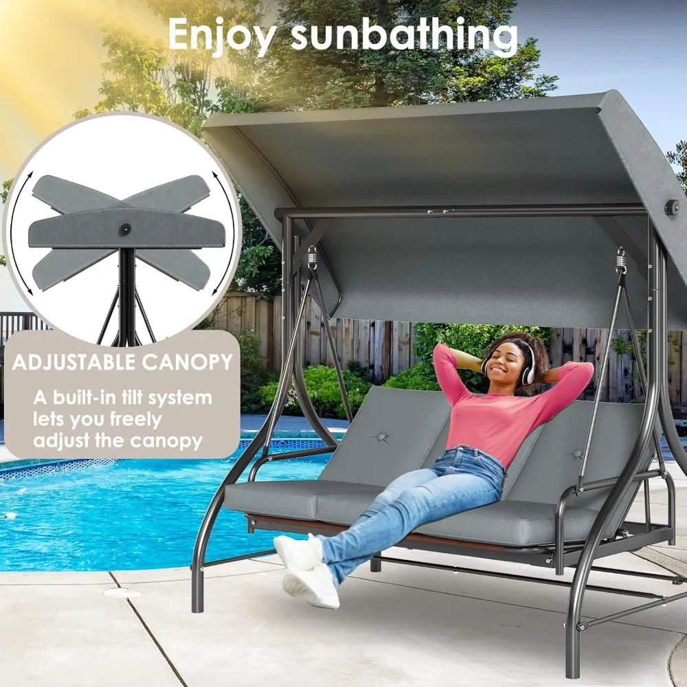 3-Seat Outdoor Convertible  Swing with Adjustable Canopy & Backrest,