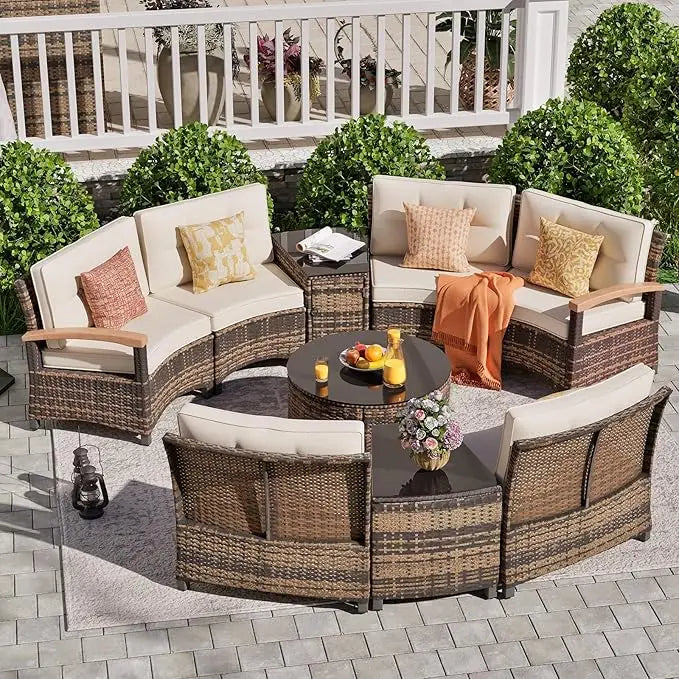 MOORA 9 Piece Half-Moon Curved Sectional Sofa Conversation Set with Wood Armrests, Coffee Table