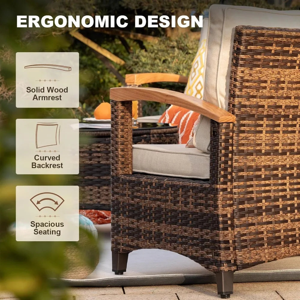 MOORA 9 Piece Half-Moon Curved Sectional Sofa Conversation Set with Wood Armrests, Coffee Table