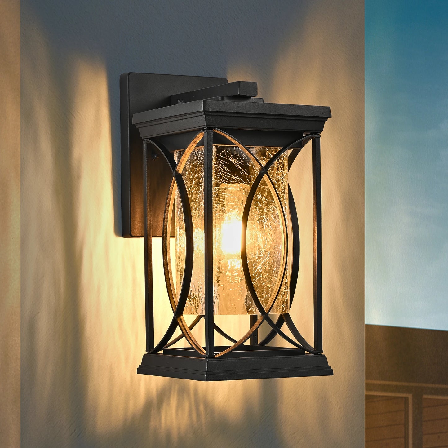 Black Outdoor Wall Lantern with Crackled Glass, Weather-Resistant Exterior Light Fixture for Porch, Patio, and Entryway