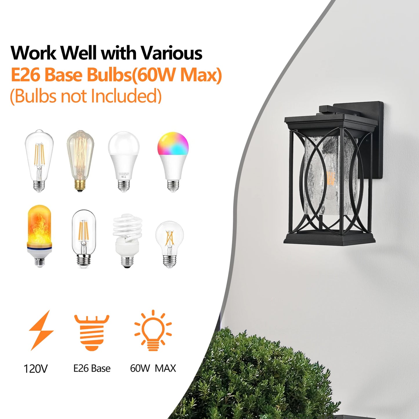 Black Outdoor Wall Lantern with Crackled Glass, Weather-Resistant Exterior Light Fixture for Porch, Patio, and Entryway