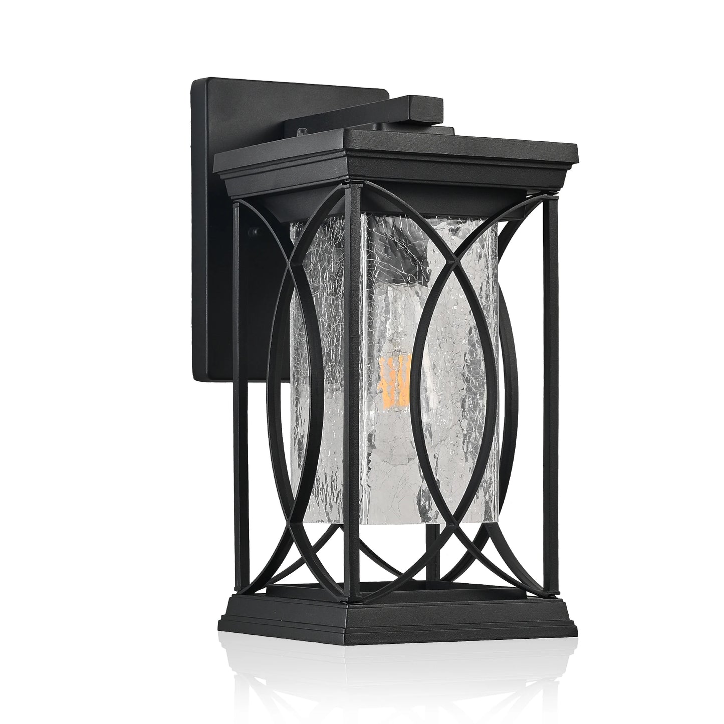 Black Outdoor Wall Lantern with Crackled Glass, Weather-Resistant Exterior Light Fixture for Porch, Patio, and Entryway