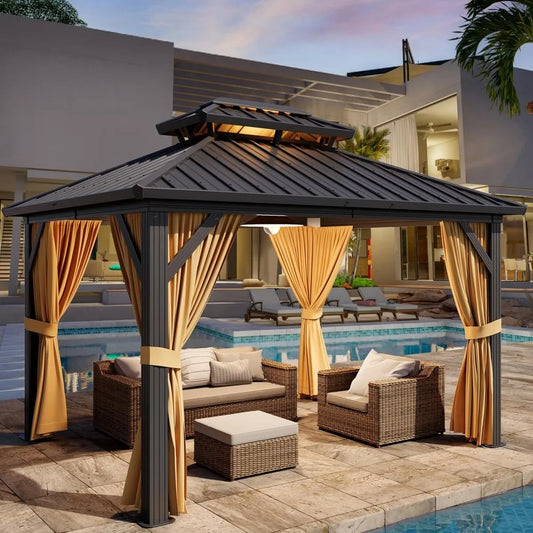 KAY 10 x12ft Hardtop Gazebo with Nettings & Curtains