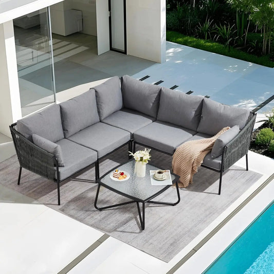6-Piece Outdoor Patio Furniture Set With Glass Coffee Table