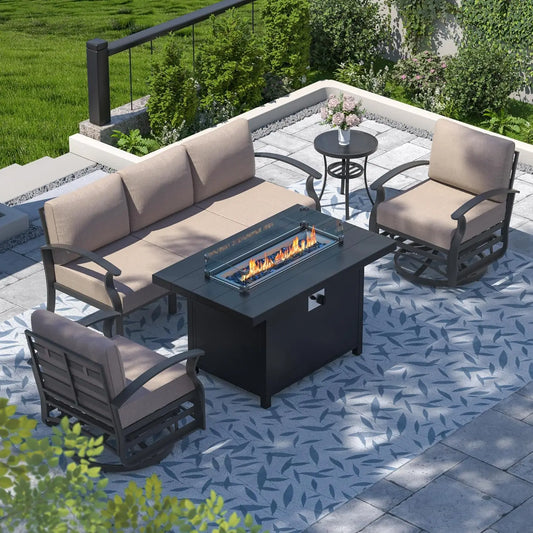 RAGA Swivel Aluminum Patio Furniture Set with Fire Pit Table