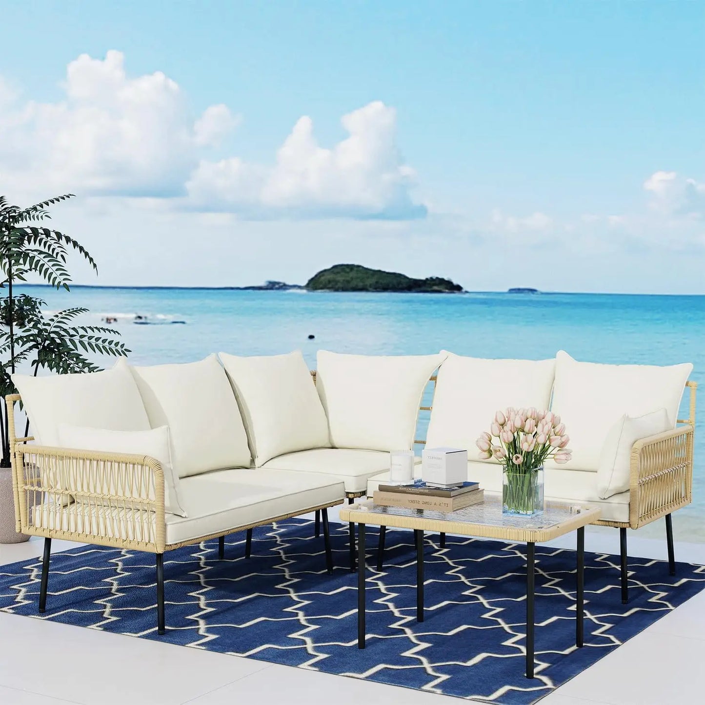 Boho Chic Outdoor Sectional Set - Wicker Sofa & Tempered Glass Coffee Table