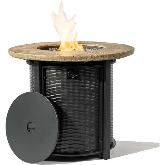 30'' Concrete Round Gas Fire Pit, 50,000 BTU Steel Outdoor Fire Tables, Fire Table with Lid, Add Warmth & Ambience to Gatherings