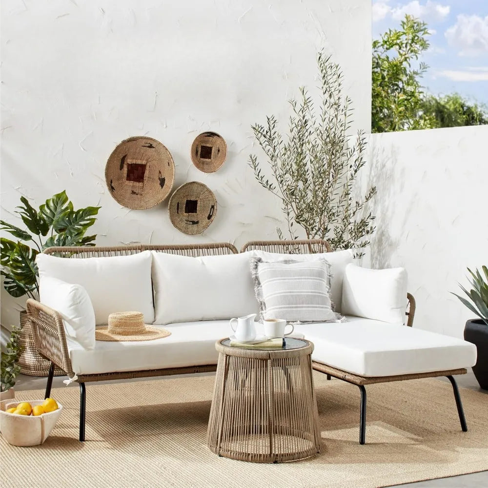 Outdoor Rope Woven Sectional Patio Furniture L-Shaped Conversation Sofa Set for Backyard, Porch w/Thick Cushions,Outdoor Sofa