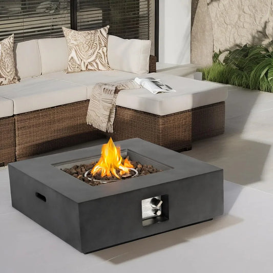 JUNE 35-Inch Outdoor Propane Fire Pit Table, Square Dark Grey Fire Table with 50,000 BTU Heat Output, Smokeless Design, Free Lava Roc