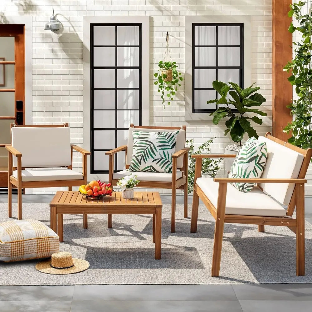Patio Furniture 4 Piece Outdoor Acacia Wood Patio Conversation Sofa Set with Table & Cushions Porch Furniture for Deck, Balcony