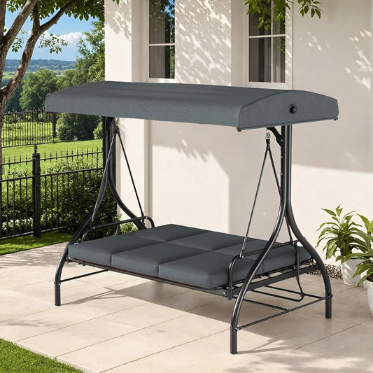 3-Seat Outdoor Convertible  Swing with Adjustable Canopy & Backrest,