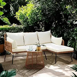 BRAGA L-Shaped Patio Rattan Sofa Sectional with Glass Top Coffee Table