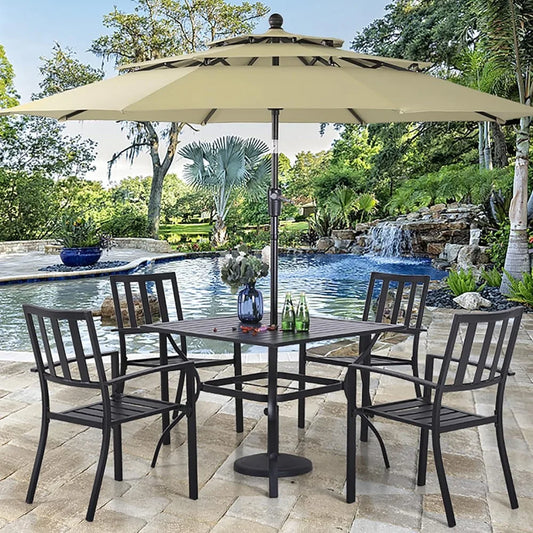 5 Piece Outdoor Dining Table Set for 4, 37” Square Metal Dining Table with Umbrella Hole & Stackable Steel Chairs for Patio,Yard